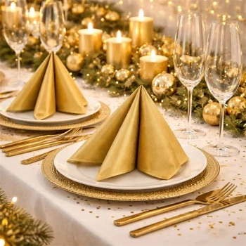 Guld airlaid servietter foldet elegant på festligt bord med lys, glas og gylden borddækning