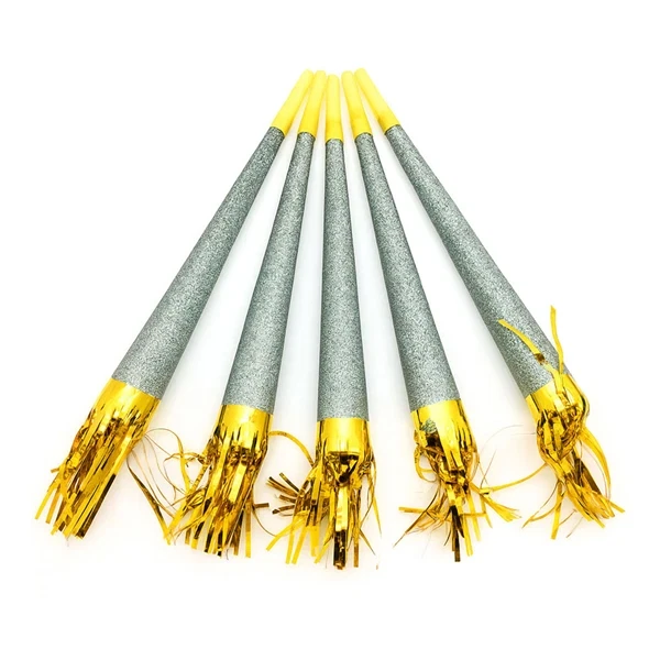 Nytårs Tudehorn guld glitter 31cm, 5 stk. festartikler