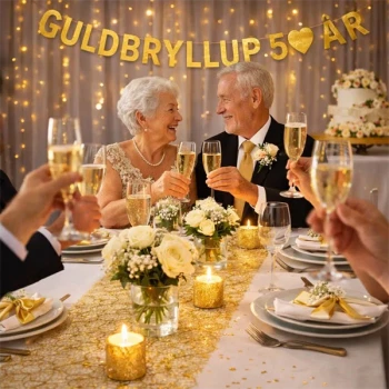 Guldbryllup festbord pyntet med guldfarvet sizoweb bordløber, lys og blomster