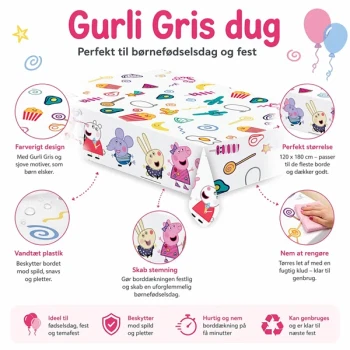 Infografik af Gurli Gris dug 120x180 cm med fordele som vandtæt plastik, nem rengøring og perfekt til børnefødselsdag