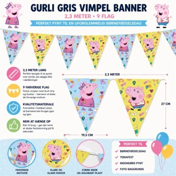 Gurli Gris vimpel banner 2,3 meter med 9 farverige flag – perfekt pynt til børnefødselsdag