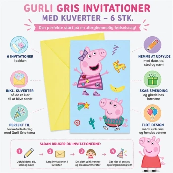 Infografik med Gurli Gris invitationer og kuverter til børnefødselsdag med information om indhold og brug