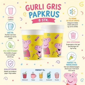 Infografik med Gurli Gris papkrus 8 stk til børnefødselsdag – FSC-certificerede papkrus til varme og kolde drikke