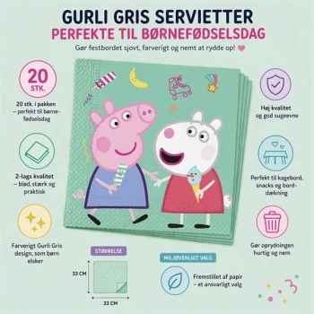 Infografik af Gurli Gris servietter 20 stk med størrelse 33x33 cm, 2-lags kvalitet og perfekt til børnefødselsdag