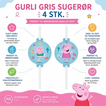 Infografik med Gurli Gris sugerør 4 stk til børnefødselsdag og Peppa Pig temafest