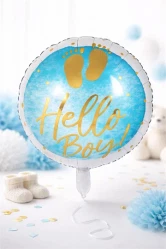 Lyseblå Hello Boy folie ballon 45 cm med guldtekst til babyshower dreng