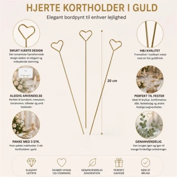 Hjerte kortholder i guld 20 cm 3 stk infografik med produktinformation til bordkort, bryllup og fest