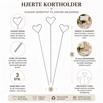 Infografik af hjerte kortholder i sølv 20 cm med produktinformation om bordkort holder til bryllup, konfirmation, barnedåb og fest.