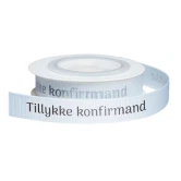 Bånd Tillykke Konfirmand hvid/sølv 1,2cm x 5m konfirmationspynt