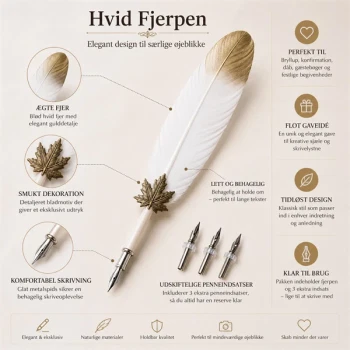 Hvid fjerpen med guldfarvet detalje og udskiftelige penneindsatser – elegant pen til bryllup, gæstebog og kreative projekter.