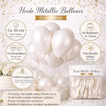 Infografik med hvide metallic balloner 30 cm 10 stk til bryllup baby shower og fest dekoration