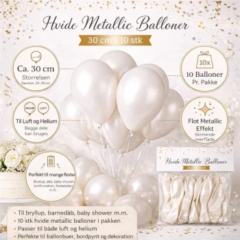 Infografik med hvide metallic balloner 30 cm 10 stk til bryllup baby shower og fest dekoration