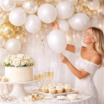 Hvide metallic balloner brugt til bryllup dekoration med ballonbue og festbord