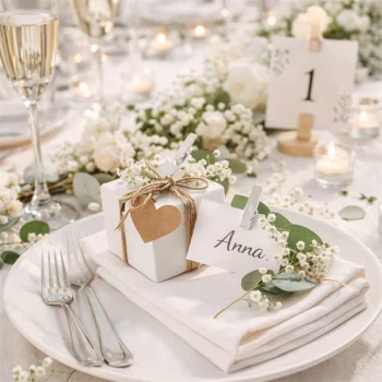 Små hvide træklemmer brugt som navnekortholder på elegant bryllupsbord med blomster og borddækning