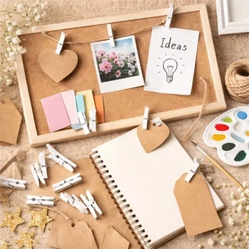 Små hvide træklemmer brugt kreativt på opslagstavle til billeder, noter og DIY dekoration