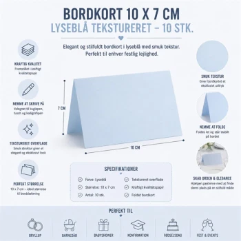 Infografik med bordkort 10x7 cm lyseblå tekstureret 10 stk med mål, specifikationer og anvendelse til bryllup, barnedåb og konfirmation