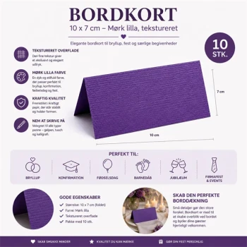 Infografik med mørk lilla tekstureret bordkort 10x7 cm 10 stk til bryllup konfirmation og fest
