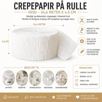 Infografik af hvidt crepepapir på rulle 24,6 meter x 4,5 cm til festpynt, bryllup, DIY og kreative projekter