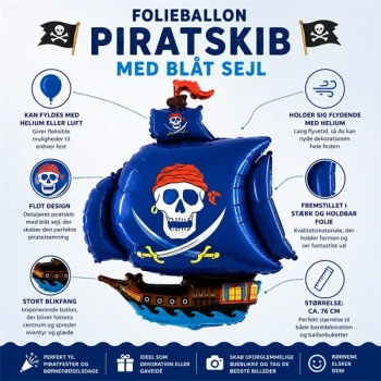 Infografik af folieballon piratskib med blåt sejl 76 cm til pirat fødselsdag