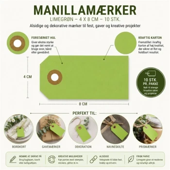 Infografik med manilamærker limegrøn 4x8 cm 10 stk som viser størrelse, anvendelsesmuligheder og produktfordele