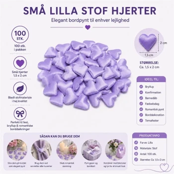 Infografik med små lilla stof hjerter 1,5 x 2 cm 100 stk til bordpynt, bryllup og romantisk borddekoration