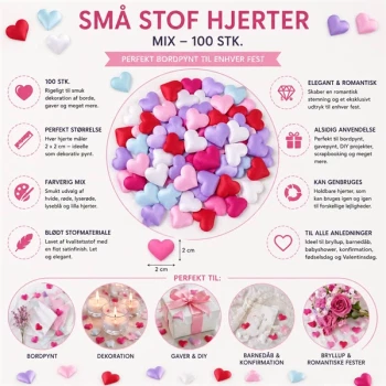 Infografik med små stof hjerter mix 100 stk i hvid, rød, lyserød, lilla og lyseblå til bordpynt, bryllup og fest