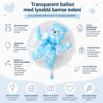 Infografik med transparent ballon og lyseblå ballonbamse til drenge babyshower, barnedåb og Baby Welcome Home.
