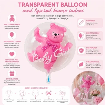 Infografik af transparent ballon med lyserød latex ballonbamse indeni med produktinformation til pige babyshower, barnedåb og fejring af en nyfødt pige.