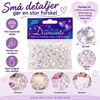 Iriserende pynte diamanter 12 mm 28 g til bordpynt, vasepynt og festdekoration