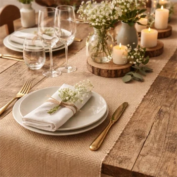 Beige jute bordløber på rustikt festbord med tallerkener, servietter, blomster og stearinlys