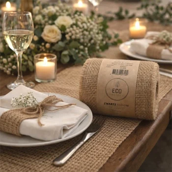 Jute bordløber på festbord med servietter, stearinlys og blomster i naturlig borddækning