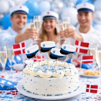 Studenterkage pyntet med mørkeblå kagetoppe formet som studenterhuer på festligt studenterbord