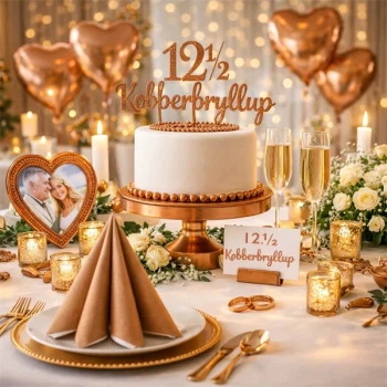 Kobberbryllup borddækning med kobberfarvede airlaid servietter, festbord med kage, stearinlys og dekoration i varme kobbertoner