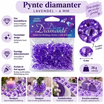Lavendel pynte diamanter 6 mm, 28 g til bordpynt, vaser og festdekoration