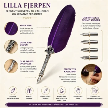 Infografik af lilla fjerpen med udskiftelige penne spidser til kalligrafi, håndskrift, invitationer og kreative projekter.