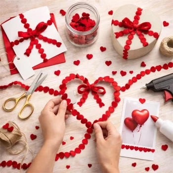 Kreativ DIY-dekoration med rødt luv hjertebånd brugt til hjerteform, gavepynt og hobbyprojekter