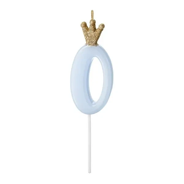 Kagelys Kongekrone tal 0 lyseblå/guld 9,5cm kagepynt