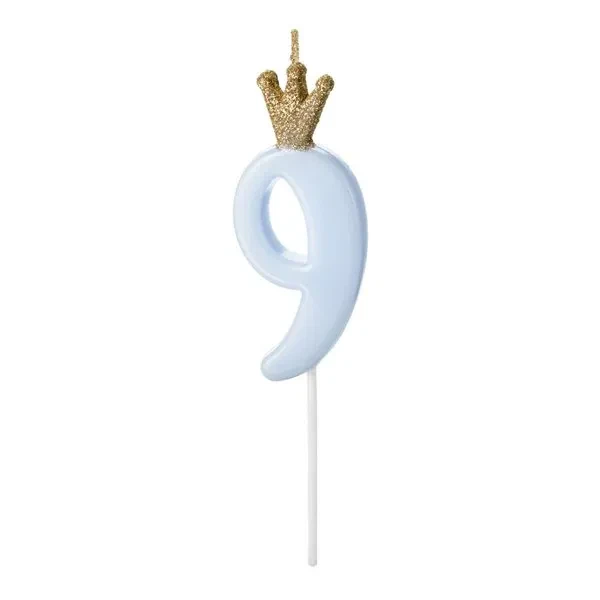 Kagelys Kongekrone tal 9 lyseblå/guld 9,5cm kagepynt