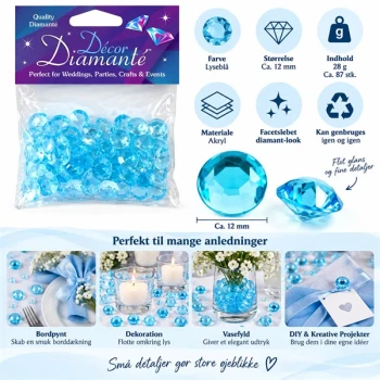 Lyseblå pynte diamanter 12 mm, 28 g med ca. 87 stk. til bordpynt og dekoration