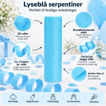 Lyseblå serpentiner 4 m 20 ruller i brandhæmmende papir