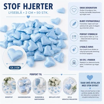 Lyseblå stof hjerter 2 cm 50 stk til bordpynt, barnedåb, babyshower og bryllup