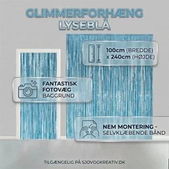 Infografik af lyseblåt glimmerforhæng til fest med specifikationer: 100 cm bredde, 240 cm højde, nem montering med selvklæbende bånd og ideel som fotovæg.