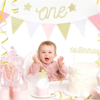 Vimpel hvid/lyserød/guld 1,3m festpynt