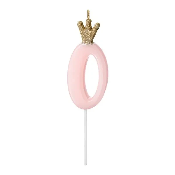 Kagelys Prinsessekrone tal 0 lyserød/guld 9,5cm kagepynt