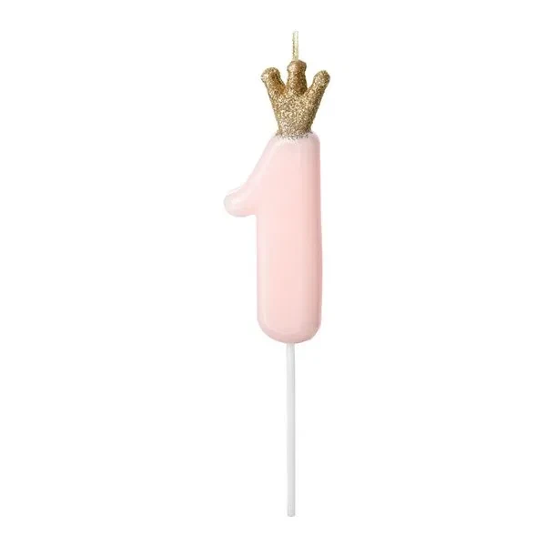 Kagelys Prinsessekrone tal 1 lyserød/guld 9,5cm kagepynt