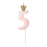 Kagelys Prinsessekrone tal 5 lyserød/guld 9,5cm kagepynt