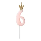 Kagelys Prinsessekrone tal 6 lyserød/guld 9,5cm kagepynt