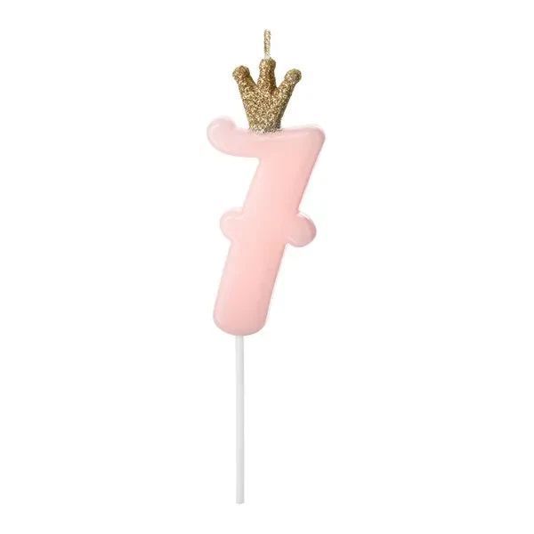 Kagelys Prinsessekrone tal 7 lyserød/guld 9,5cm kagepynt