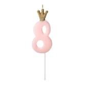 Kagelys Prinsessekrone tal 8 lyserød/guld 9,5cm kagelys