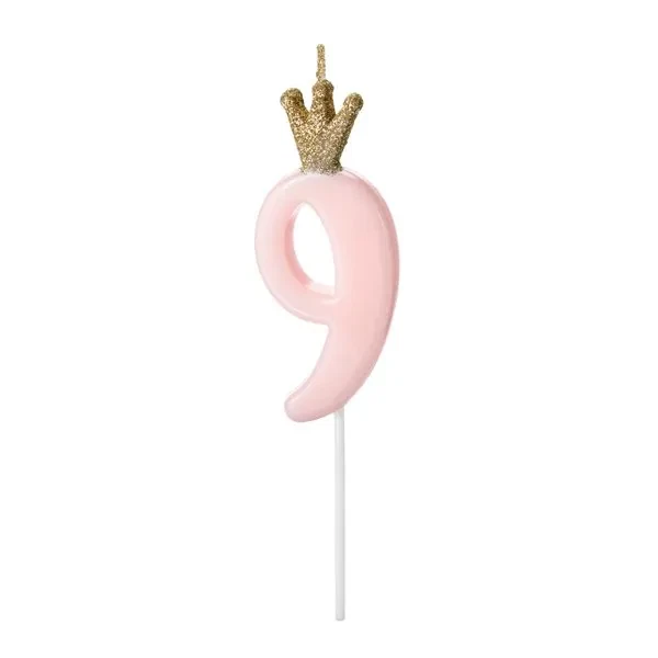 Kagelys Prinsessekrone tal 8 lyserød/guld 9,5cm kagepynt